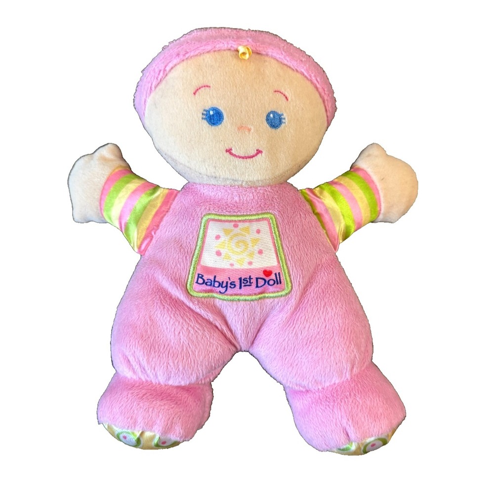 Fisher Price Pink Baby 1st First Doll 10 Inch Blue Eyes Plush Stuffed Rattle Toy